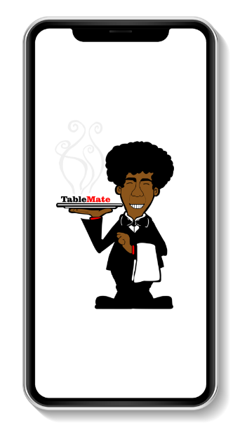 Smartphone displaying Table Mate waiter character in black suit holding a serving tray